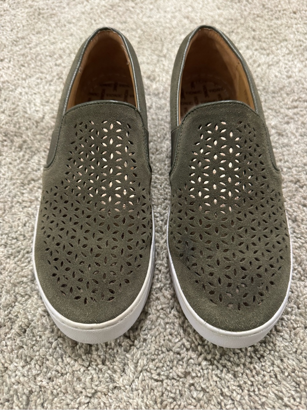 Vionic Kani Olive Green Suede Perforated Slip-On Sneakers